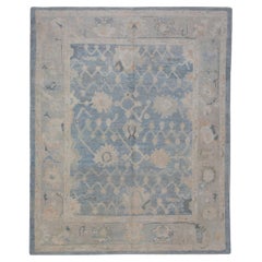 Blue Floral Pattern Handwoven Wool Turkish Oushak Rug 8'7" x 10'1"