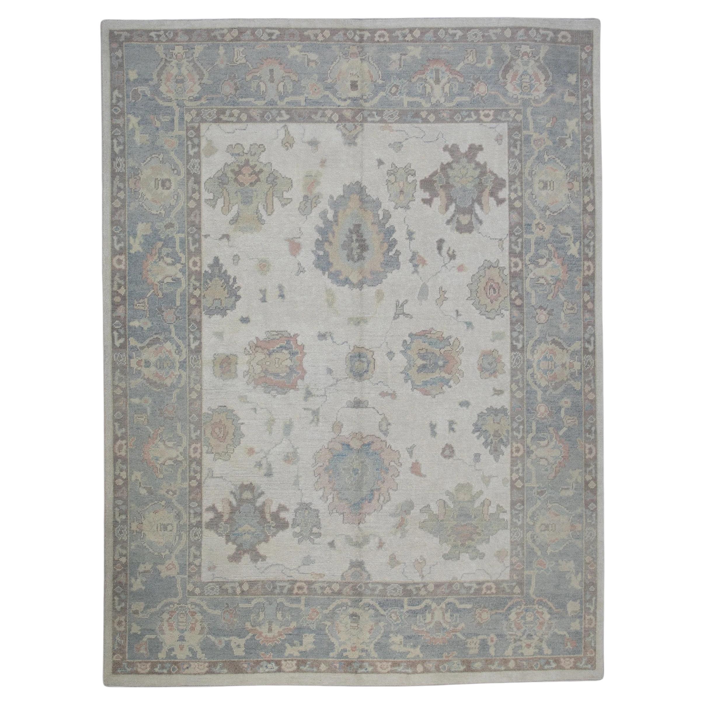 Handwoven Wool Turkish Oushak Rug in Blue Floral Pattern 8'5" x 10'7" For Sale