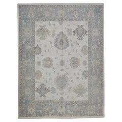 Handwoven Wool Turkish Oushak Rug in Blue Floral Pattern 8'5" x 10'7"