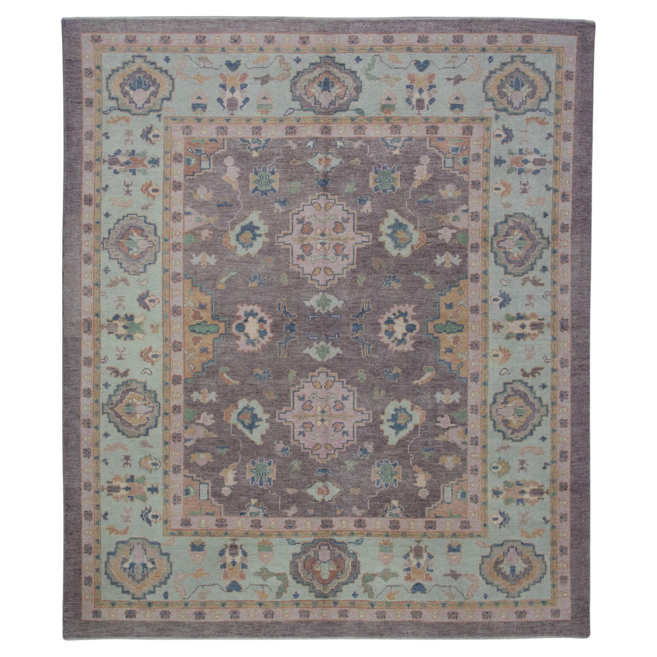 Floral Handwoven Wool Turkish Oushak Rug in Purple, Pink, Baby Blue 8'8" x 9'7"