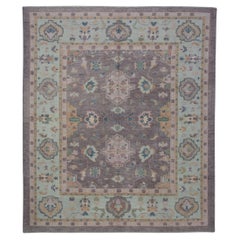 Floral Handwoven Wool Turkish Oushak Rug in Purple, Pink, Baby Blue 8'8" x 9'7"