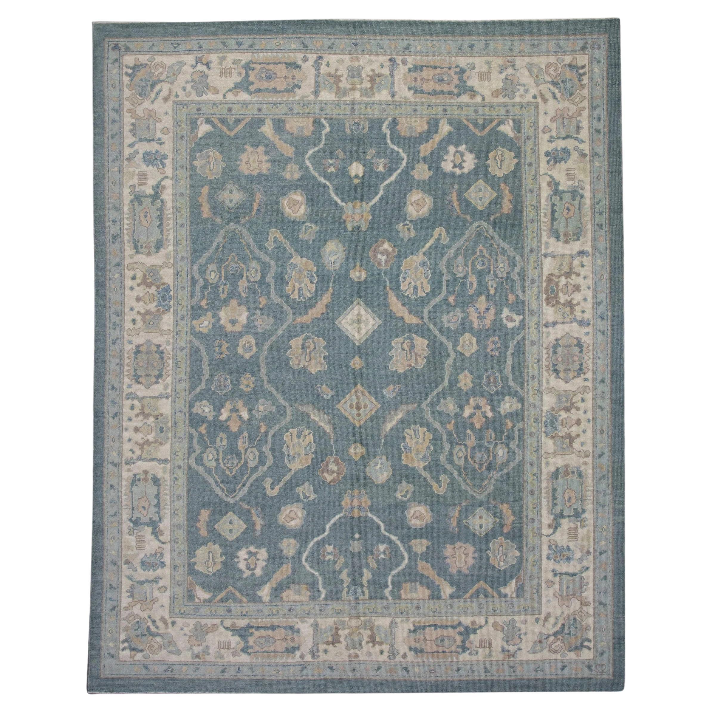 Handwoven Wool Floral Turkish Oushak Rug in Blue and Pink 8'2" x 9'11" For Sale