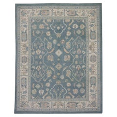 Handwoven Wool Floral Turkish Oushak Rug in Blue and Pink 8'2" x 9'11"