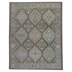 Brown and Blue Handwoven Wool Turkish Oushak Rug in Medallion Design 8' x 10'1"