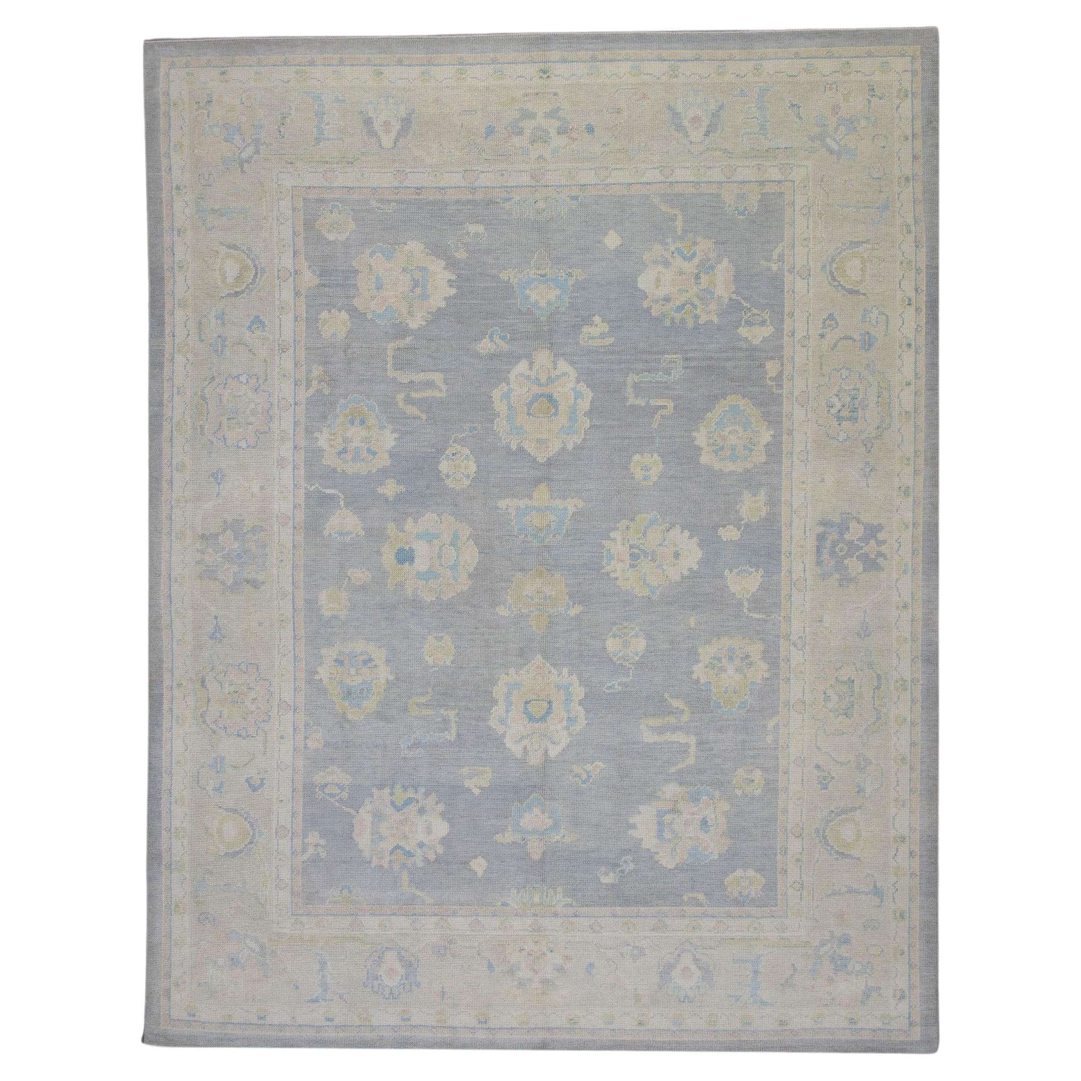 Blue and Cream Floral Handwoven Wool Turkish Oushak Rug 8' x 10'4" For Sale