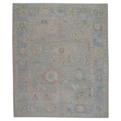 Floral Handwoven Wool Turkish Oushak Rug in Blue Colorway 8'5" x 10'4"
