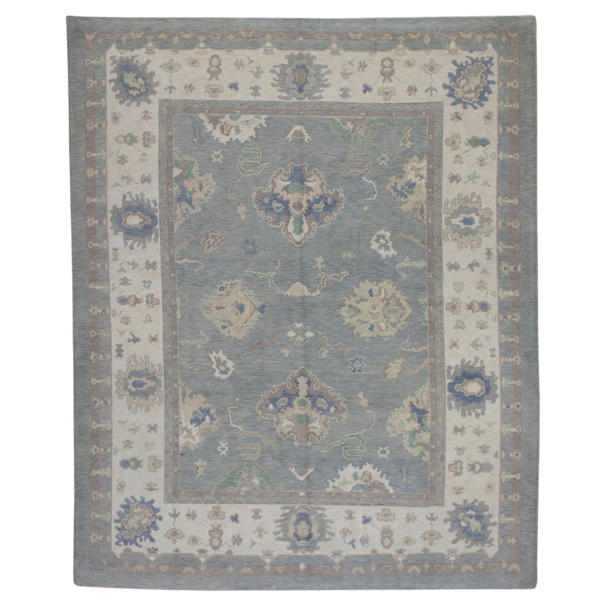 Blue Colorful Floral Pattern Handwoven Wool Turkish Oushak Rug 8'3" x 9'10" For Sale