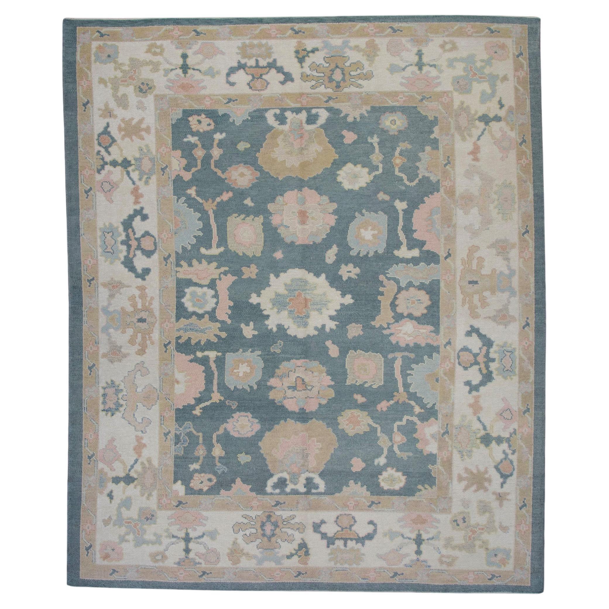 Blue and Pink Handwoven Wool Floral Pattern Turkish Oushak Rug 8'7" x 9'10" For Sale