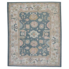 Blue and Pink Handwoven Wool Floral Pattern Turkish Oushak Rug 8'7" x 9'10"