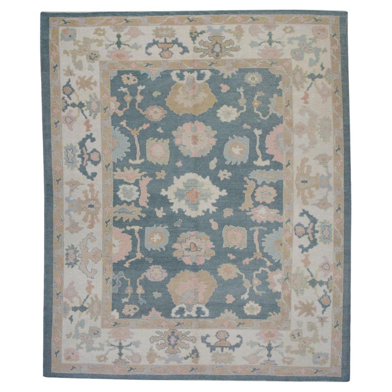 Oushak Rug Patterns Blue and Pink Handwoven Wool Floral Pattern Turkish Oushak Rug 8'7
