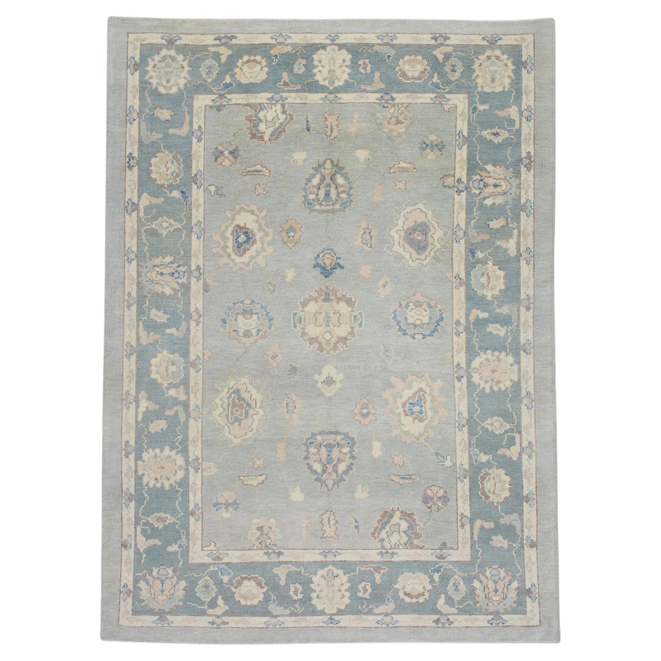 Floral Handwoven Wool Turkish Oushak Rug in Shades of Blue 6'6" x 8'8"