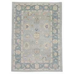 Floral Handwoven Wool Turkish Oushak Rug in Shades of Blue 6'6" x 8'8"