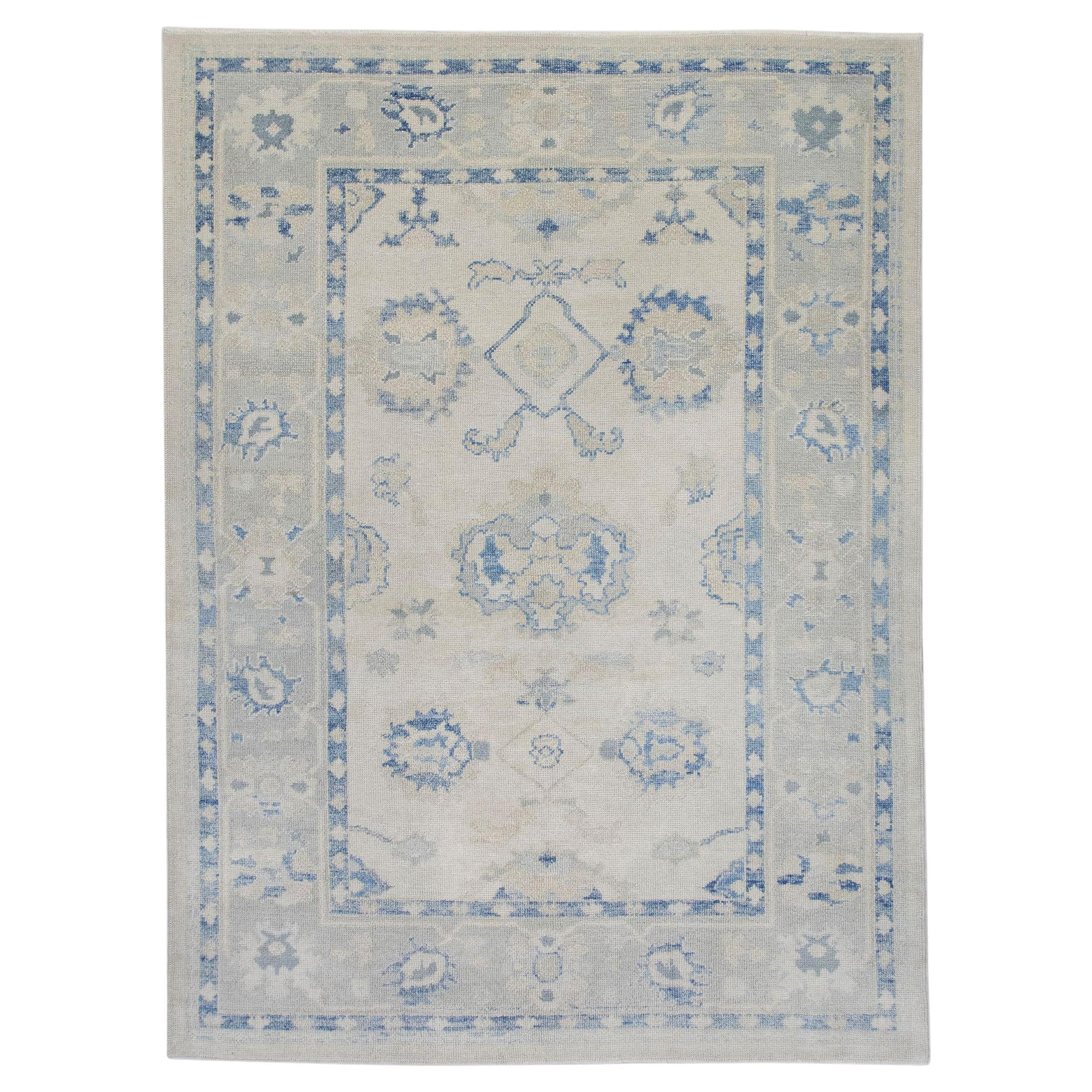Floral Handwoven Wool Turkish Oushak Rug in Cream and Blue 6'2" x 8'8"