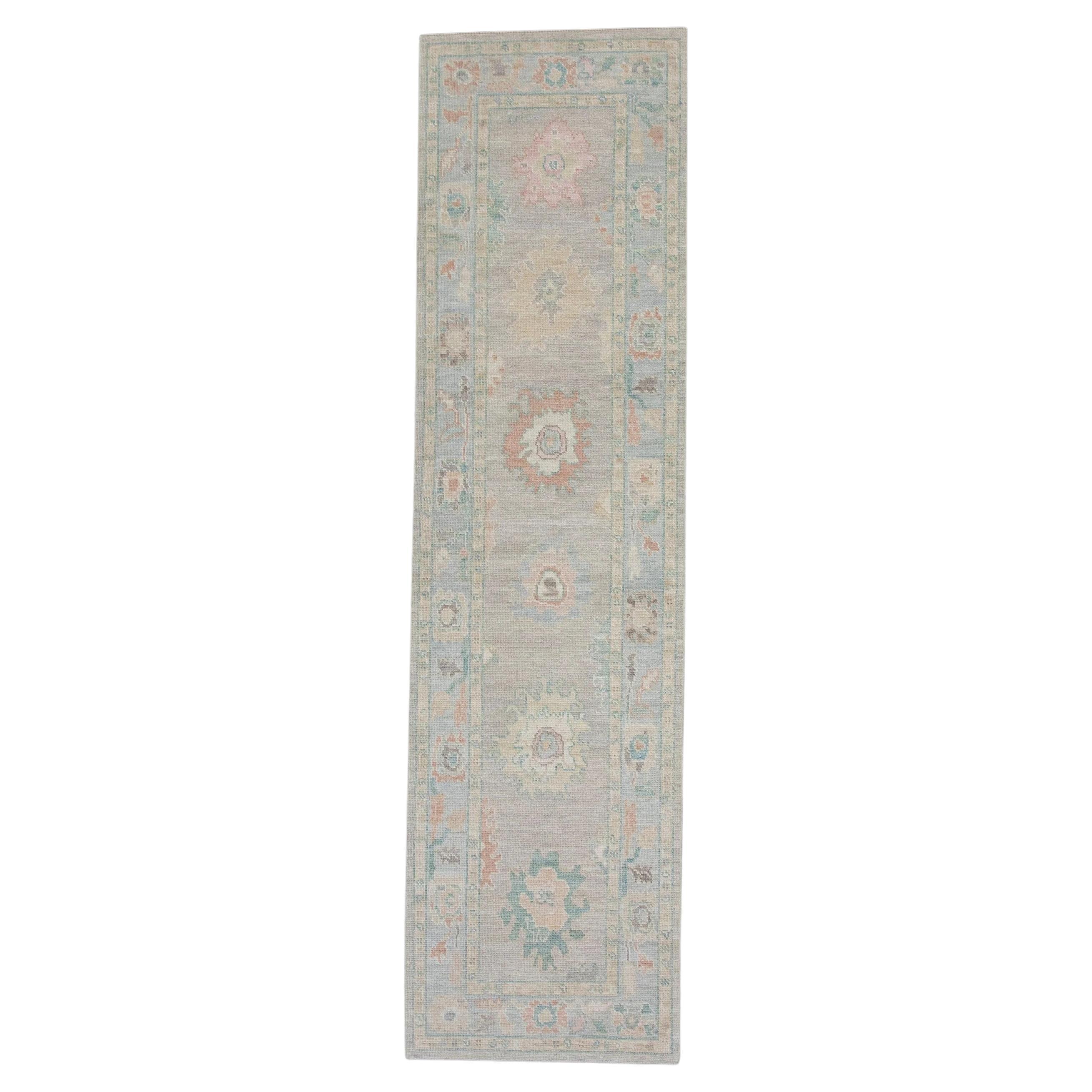 Floral Handwoven Wool Turkish Oushak Rug in Colorful Shades 2'10" x 10'6"