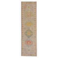 Soft Pink Geometric Medallion Handwoven Wool Turkish Oushak Rug 3'1" x 10'6"