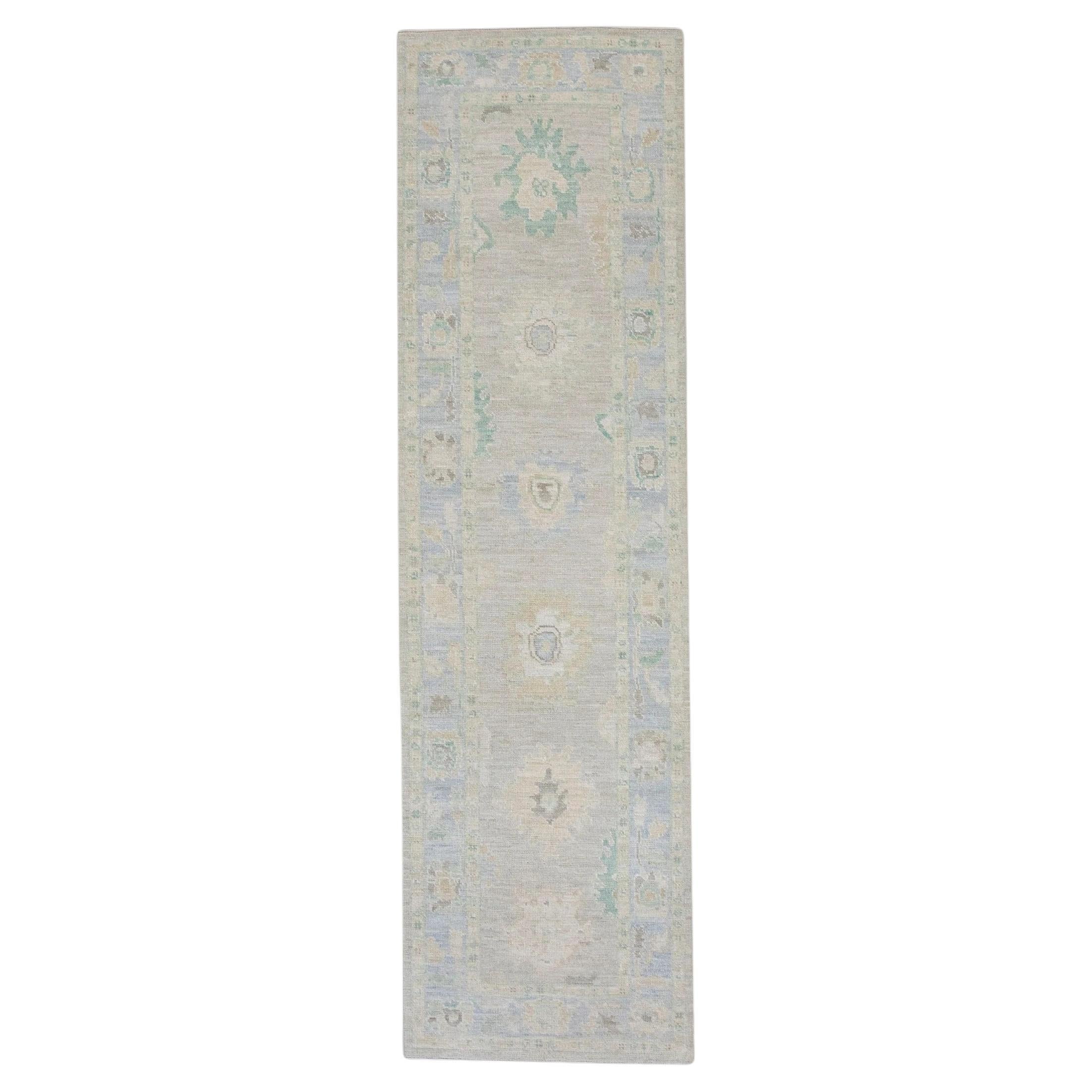 Blue Floral Handwoven Wool Turkish Oushak Rug 3' x 10'4" For Sale