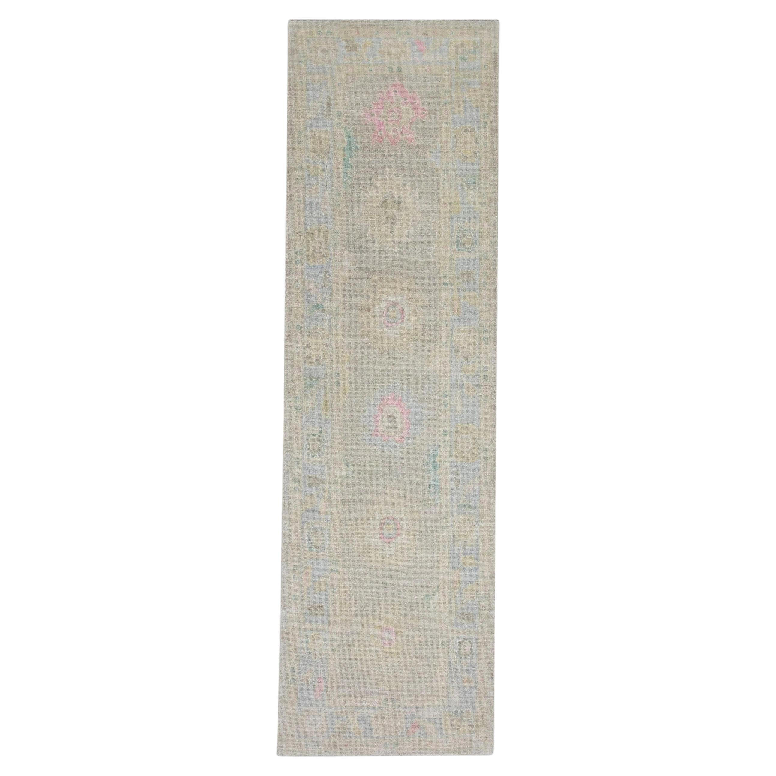 Floral Handwoven Wool Turkish Oushak Rug in Celadon Green 3'2" x 10'4" For Sale