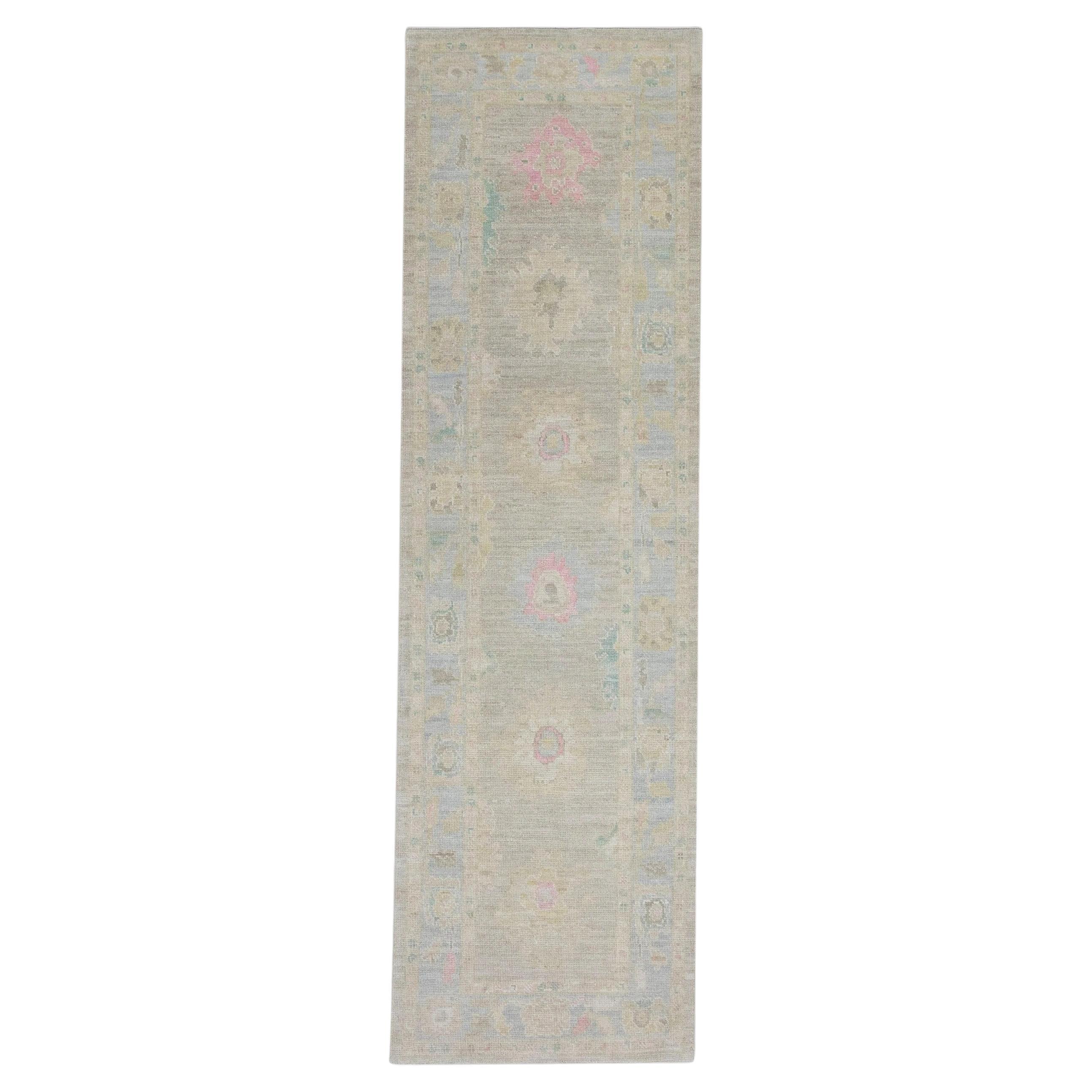 Floral Handwoven Wool Turkish Oushak Rug in Celadon Green 3'2" x 10'4"