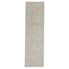 Floral Handwoven Wool Turkish Oushak Rug in Celadon Green 3'2" x 10'4"