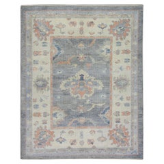 Floral Handwoven Wool Turkish Oushak Rug in Blue, Cream, Salmon Pink 5'3" x 6'9"