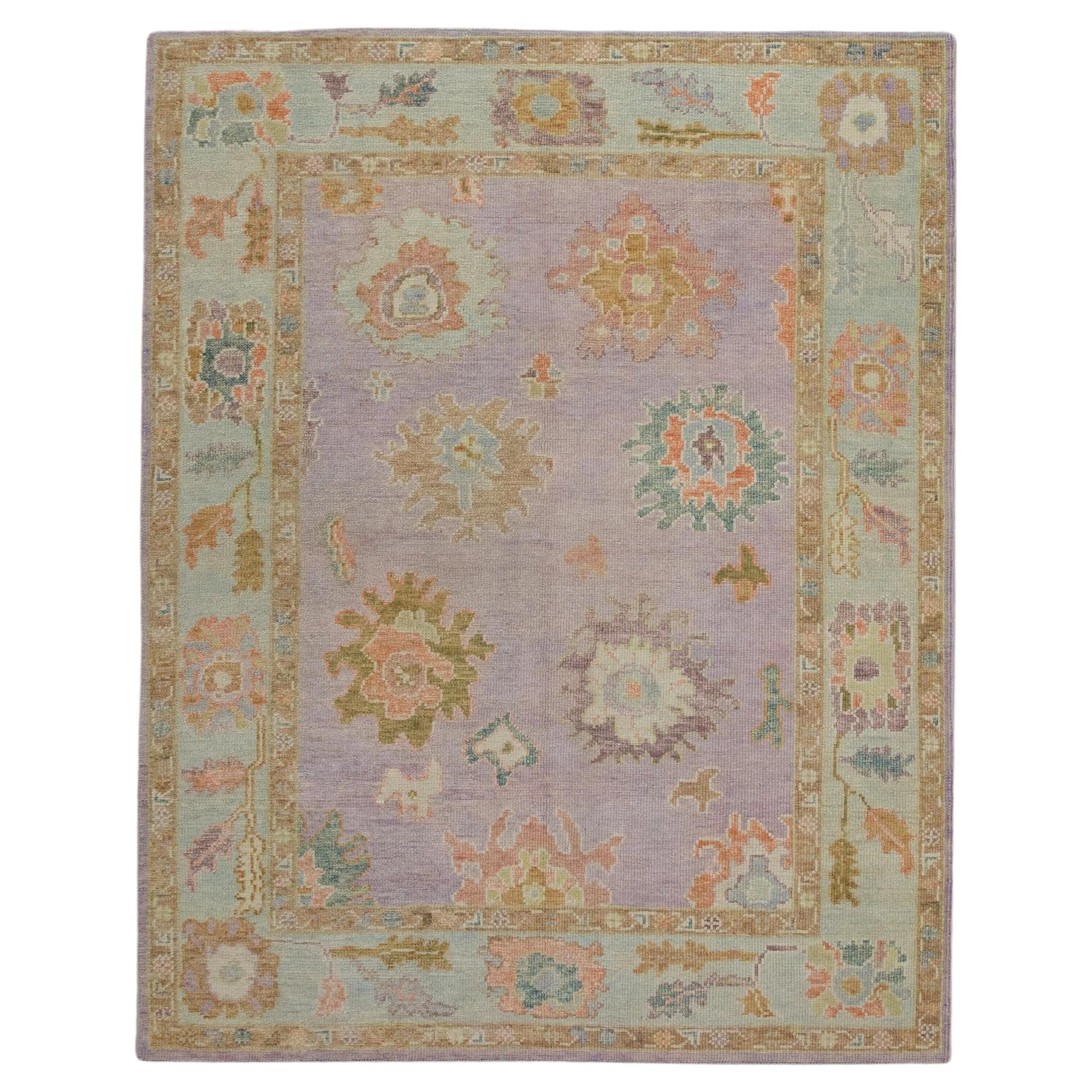 Soft Purple Handwoven Wool Turkish Oushak Rug w/ Colorful Floral Design 5'1x6'8
