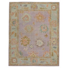 Tapis turc Oushak violet doux en laine tissé à la main avec motif floral coloré 5'1x6'8