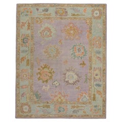 Soft Purple Handwoven Wool Turkish Oushak Rug w/ Colorful Floral Design 5'1x6'8