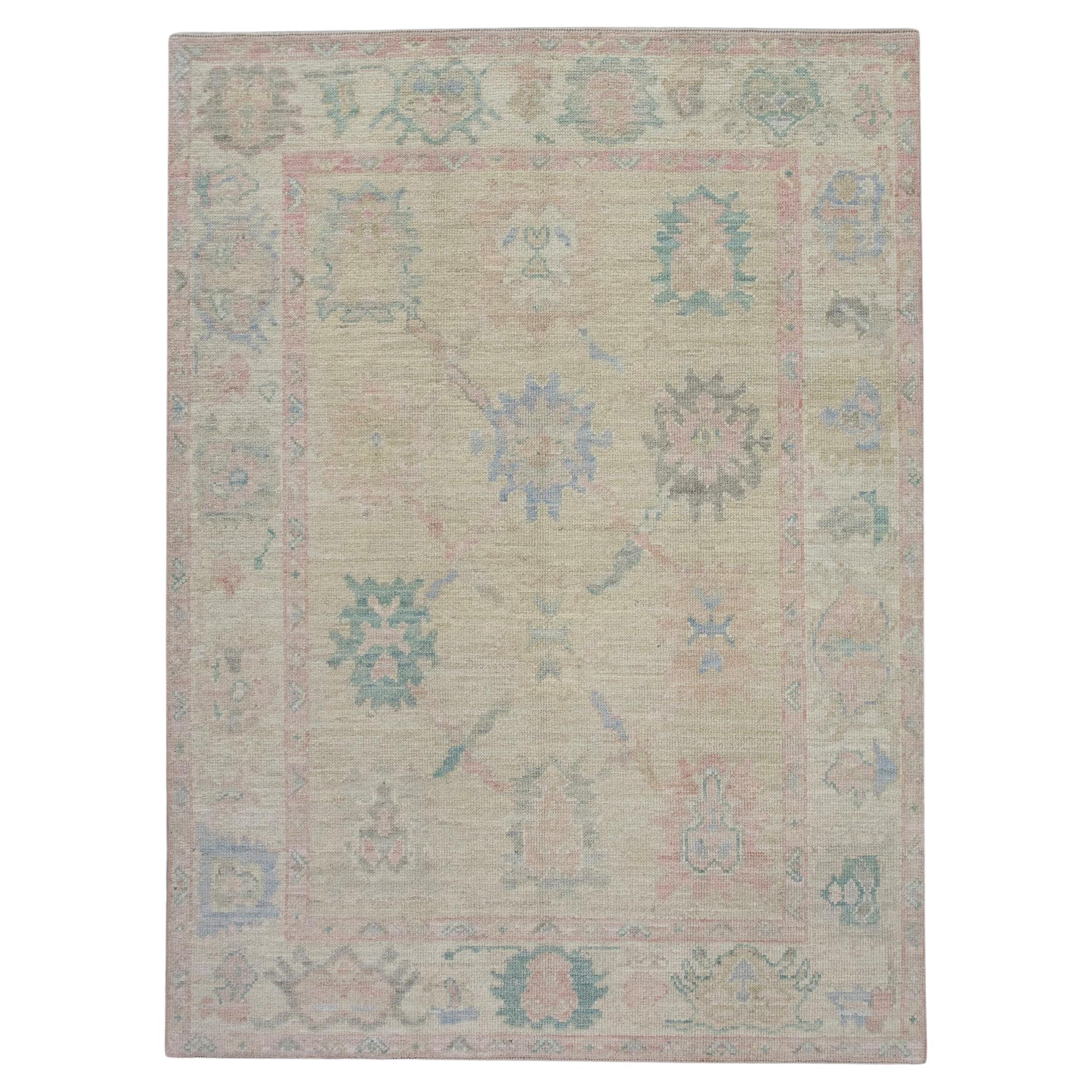 Multicolor Floral Handwoven Wool Turkish Oushak Rug 5' x 6'9" For Sale