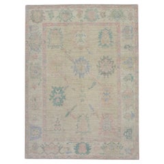 Tapis Oushak turc en laine tissée à la main à motifs floraux multicolores 5' x 6'9"
