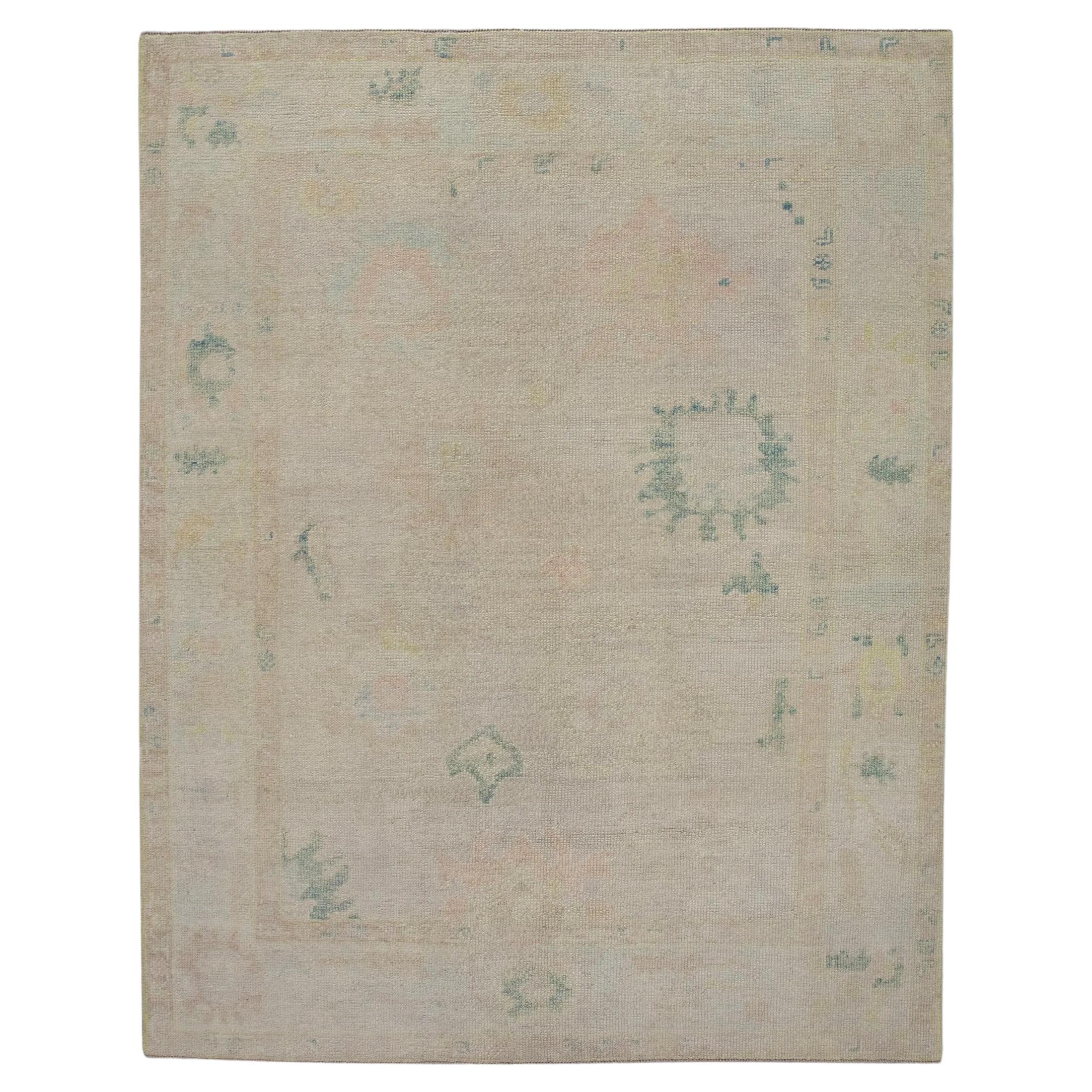 Floral Handwoven Wool Turkish Oushak Rug in Colorful Pastel Shades 5'1" x 6'5" For Sale