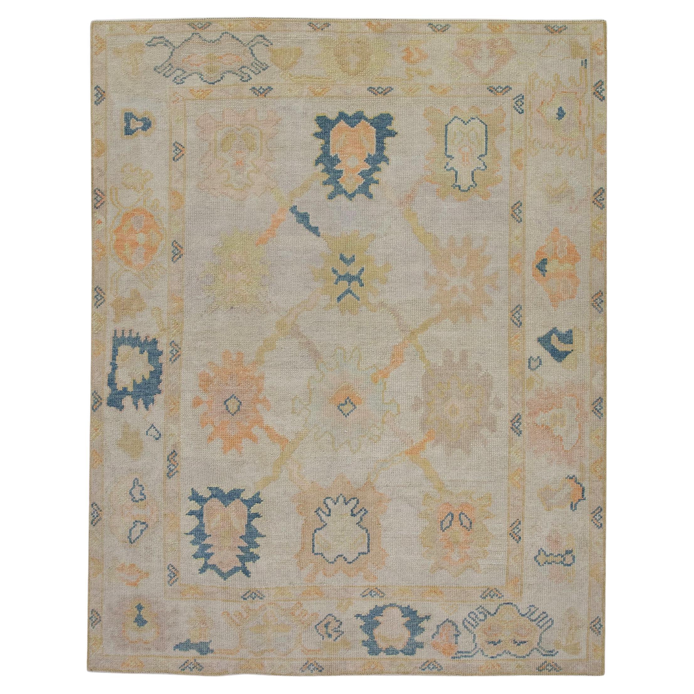 Colorful Floral Pattern Handwoven Wool Turkish Oushak Rug 5'1" x 6'5"