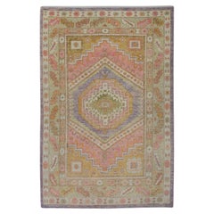 Multicolor Geometric Medallion Handwoven Wool Turkish Oushak Rug 4'11" x 7'1"