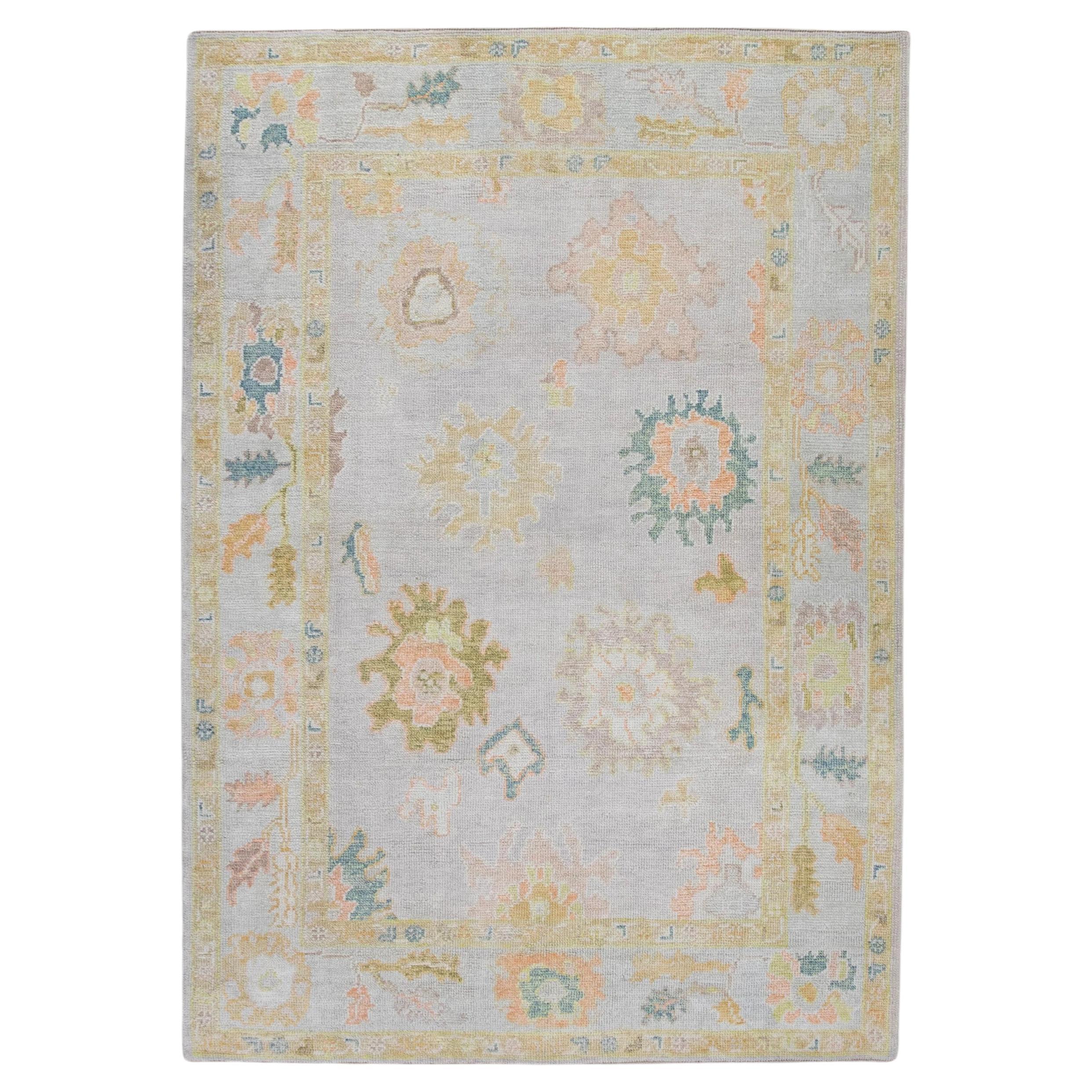 Pastel Lilac Floral Handwoven Wool Turkish Oushak Rug 5' x 6'11" For Sale