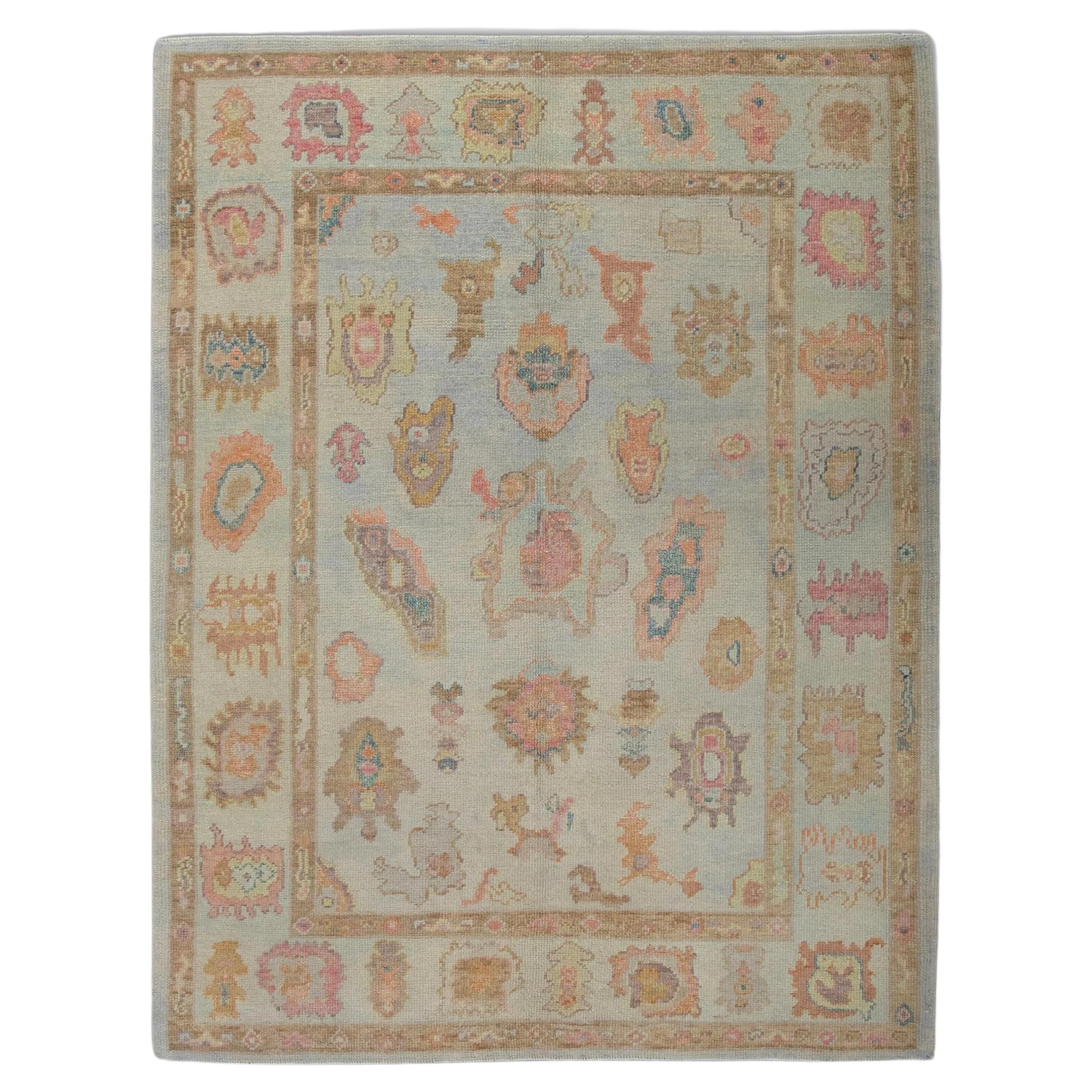 Blue Handwoven Wool Turkish Oushak Rug with Multicolor Floral Pattern 4'11 x 6'7