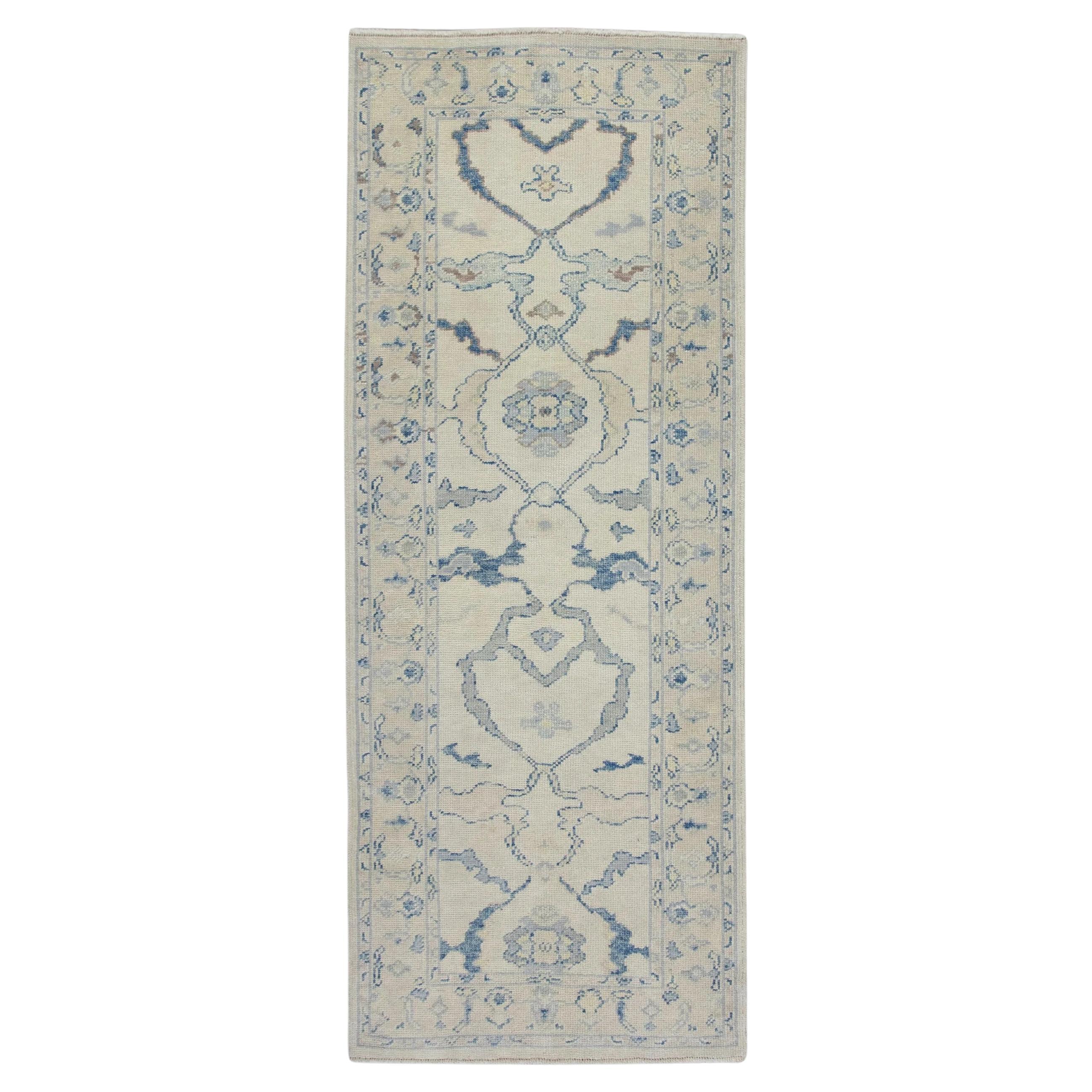 Cream and Blue Floral Handwoven Wool Turkish Oushak Rug 3'1" x 7'4"
