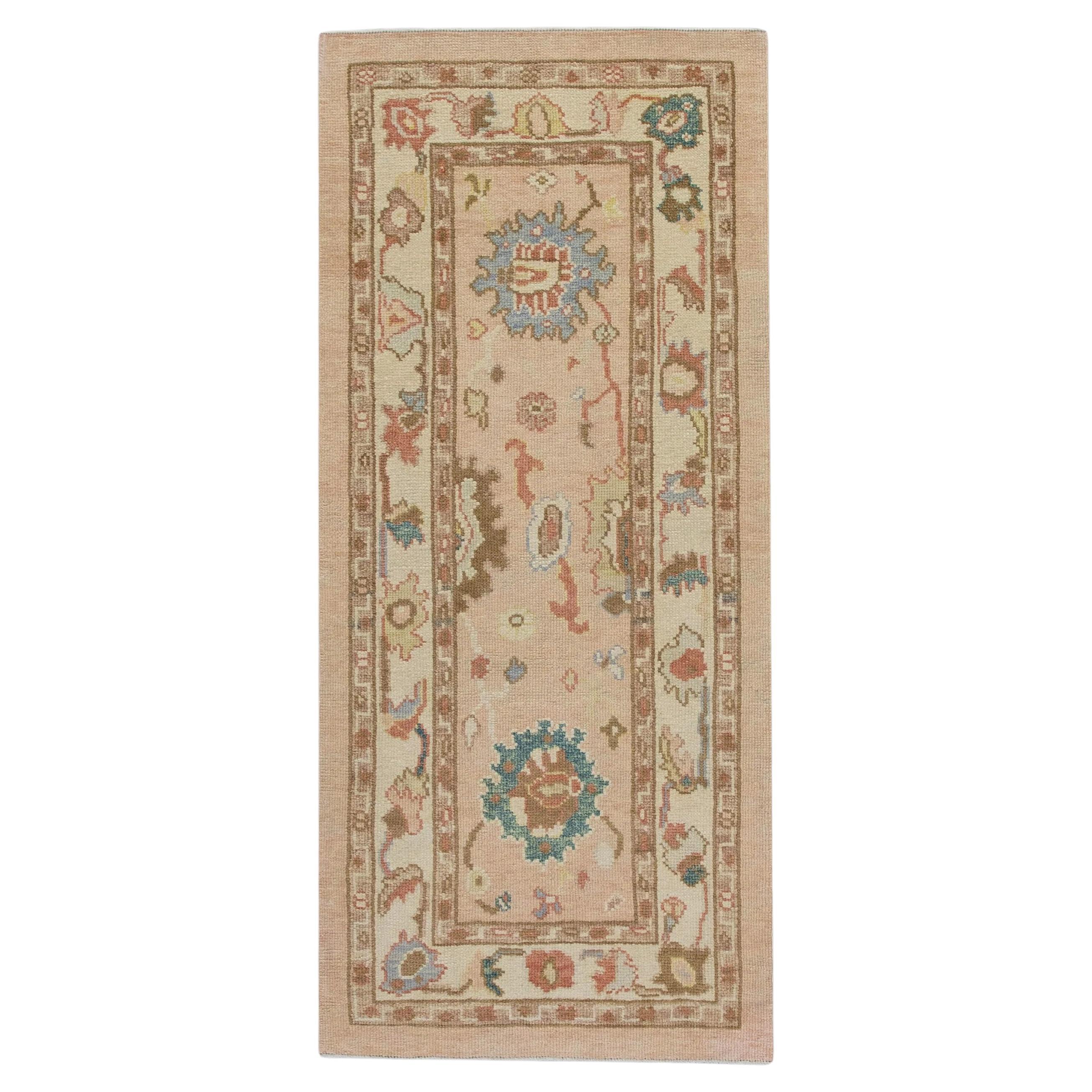Floral Handwoven Wool Turkish Oushak Rug in Soft Pastel Pink 2'10" x 6'3" For Sale
