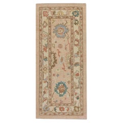 Floral Handwoven Wool Turkish Oushak Rug in Soft Pastel Pink 2'10" x 6'3"