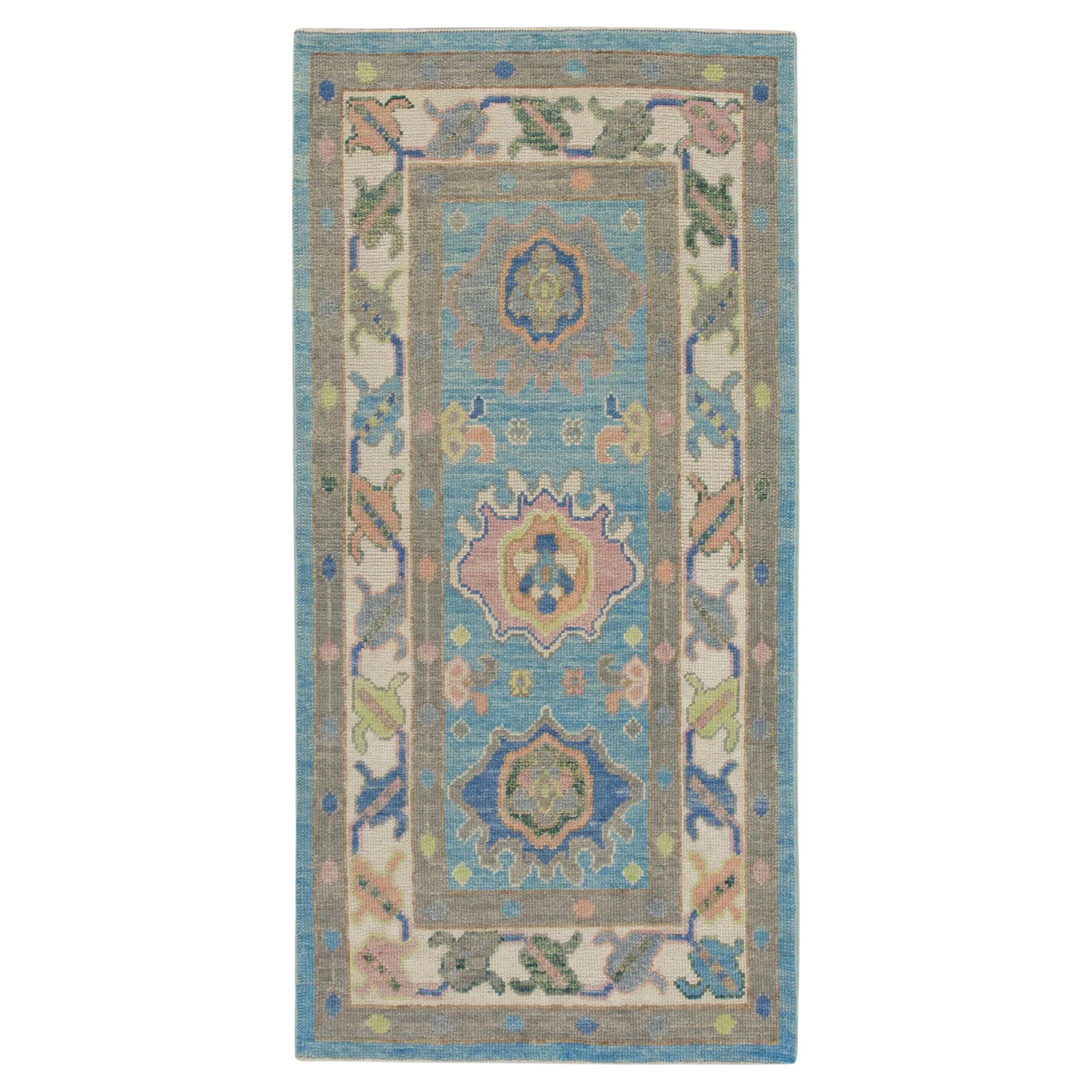 Blue Floral Handwoven Wool Turkish Oushak Rug 3'1" x 5'10"