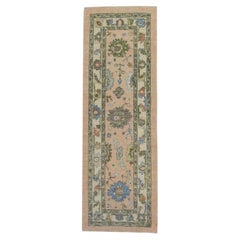 Floral Handwoven Wool Turkish Oushak Rug in Salmon Pink and Green 2'10" x 7'11"