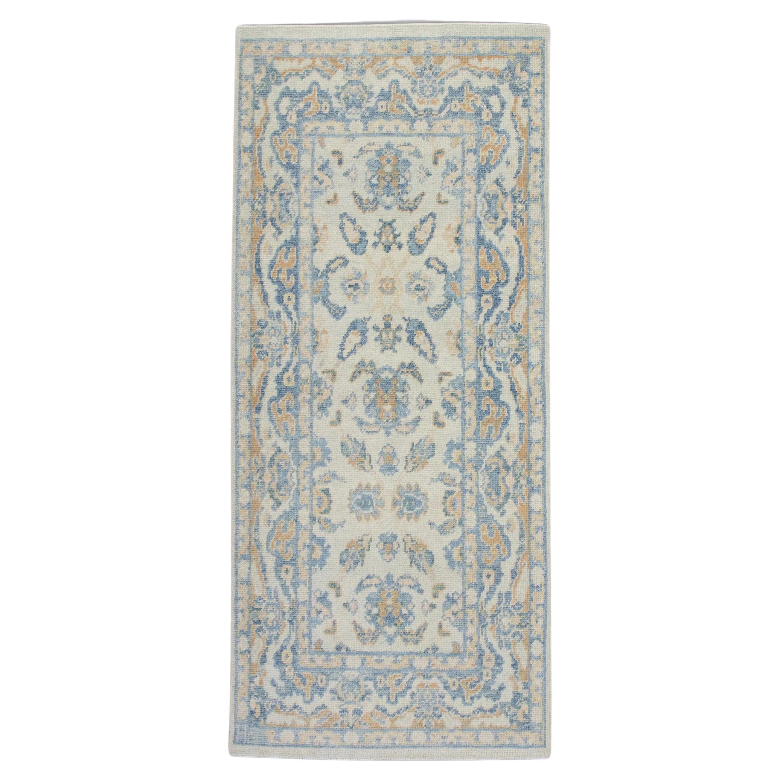 Blue and Yellow Floral Handwoven Wool Turkish Oushak Rug 3'2" x 7'1" For Sale