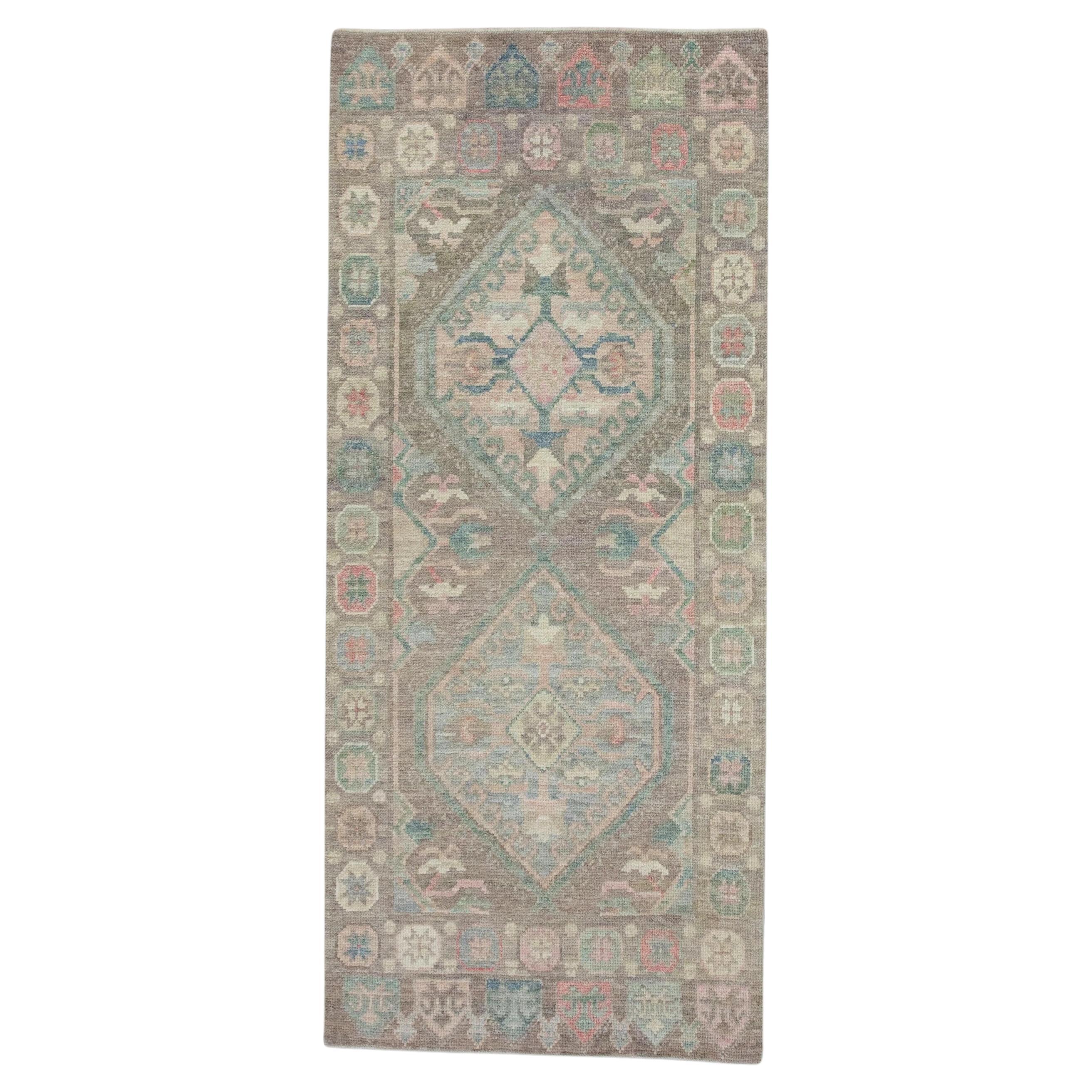 Colorful Geometric Medallion Handwoven Wool Turkish Oushak Rug 3' x 6'9" For Sale