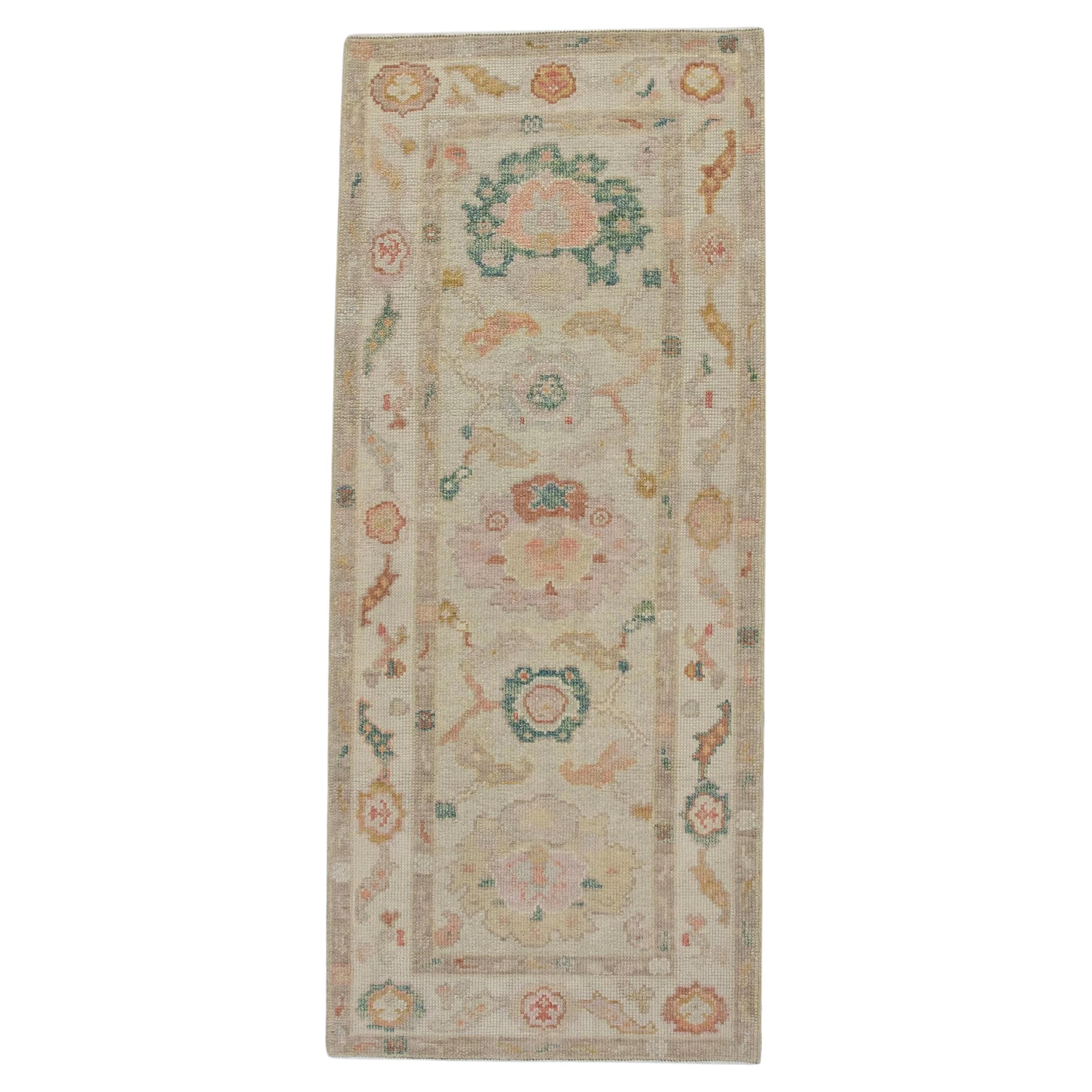 Multicolor Floral Handwoven Wool Turkish Oushak Rug 2'7" x 6' For Sale