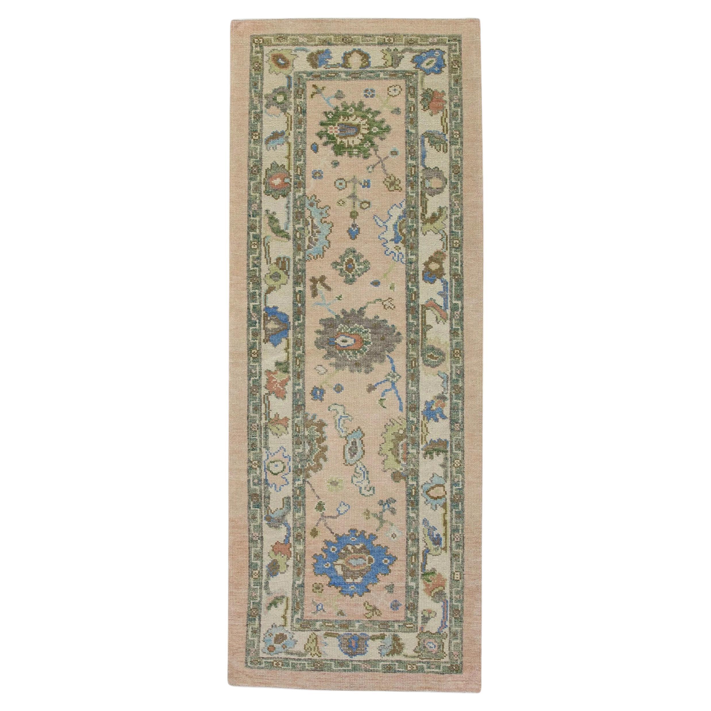 Pale Pink, Green, and Blue Floral Handwoven Wool Turkish Oushak Rug 2'11" x 8'2" For Sale