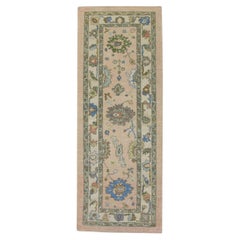 Pale Pink, Green, and Blue Floral Handwoven Wool Turkish Oushak Rug 2'11" x 8'2"