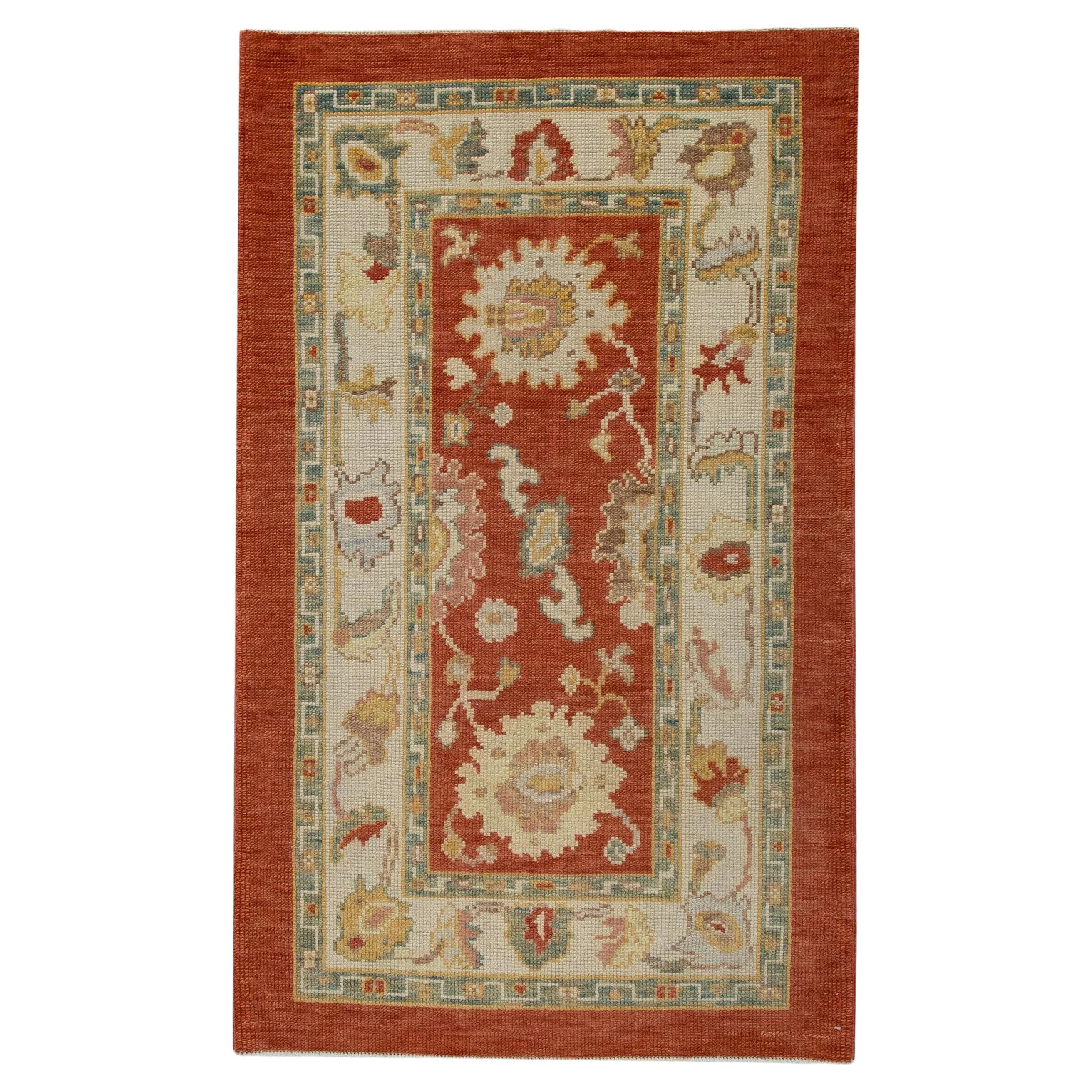 Floral Handwoven Wool Turkish Oushak Rug in Deep Red, Cream, and Green 3'1x4'10 For Sale