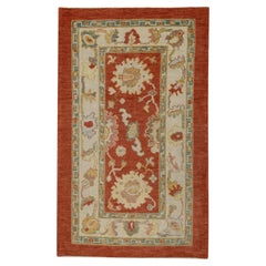 Floral Handwoven Wool Turkish Oushak Rug in Deep Red, Cream, and Green 3'1x4'10