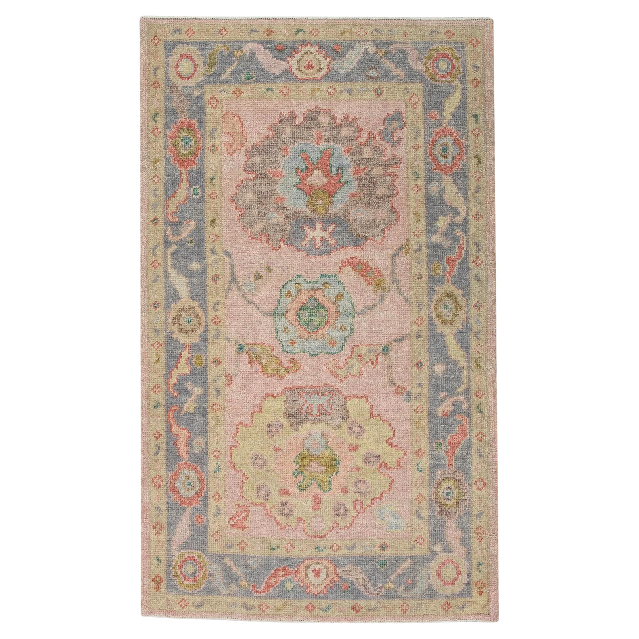 Soft Pink Handwoven Wool Turkish Oushak Rug in Floral Pattern 3' x 4'10" For Sale