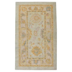 Handwoven Wool Floral Turkish Oushak Rug in Soft Pastel Baby Blue 3' X 5'