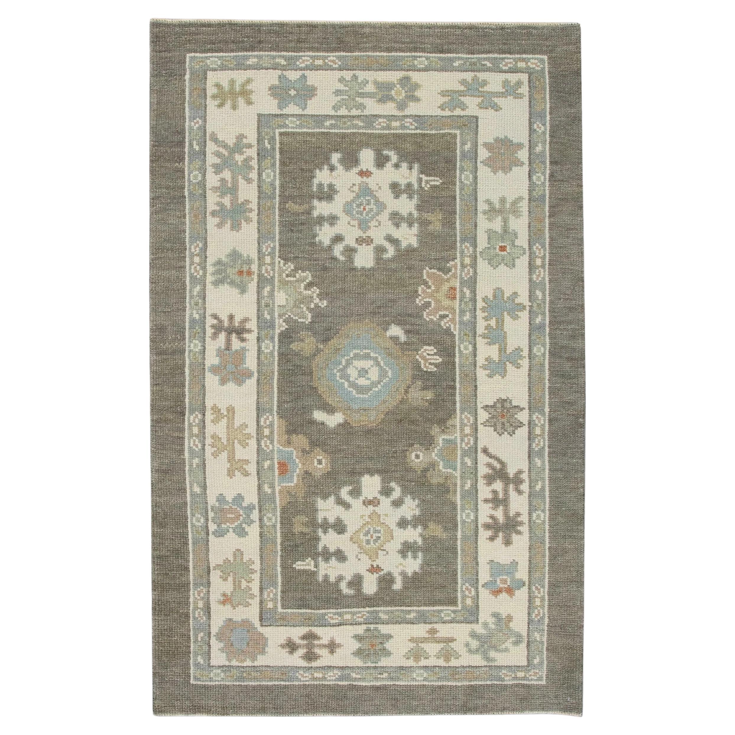 Olive Green Floral Handwoven Wool Turkish Oushak Rug 3' x 5'4" For Sale