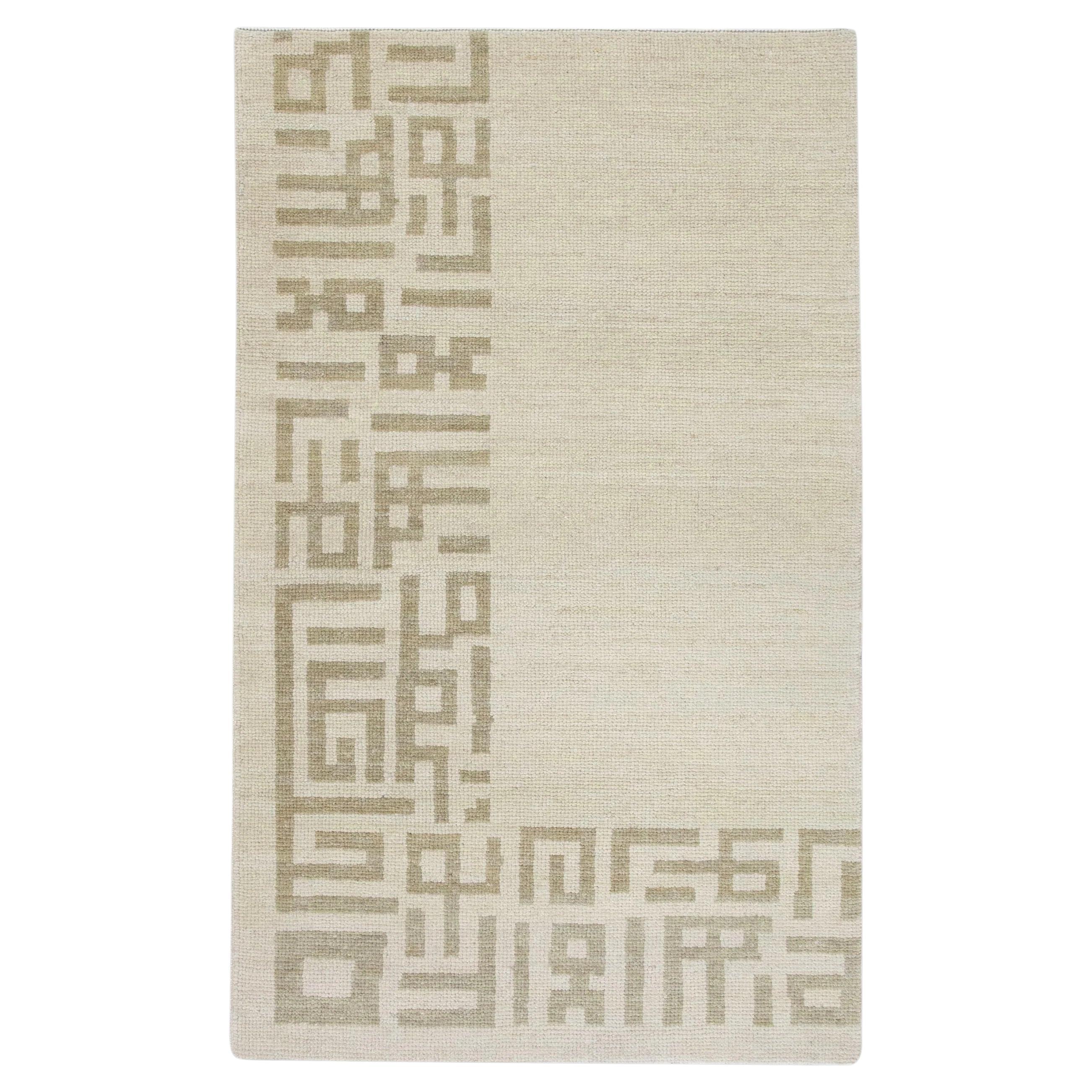 Cream and Taupe Geometric Tribal Handwoven Wool Turkish Oushak Rug 3'1" x 5'3"